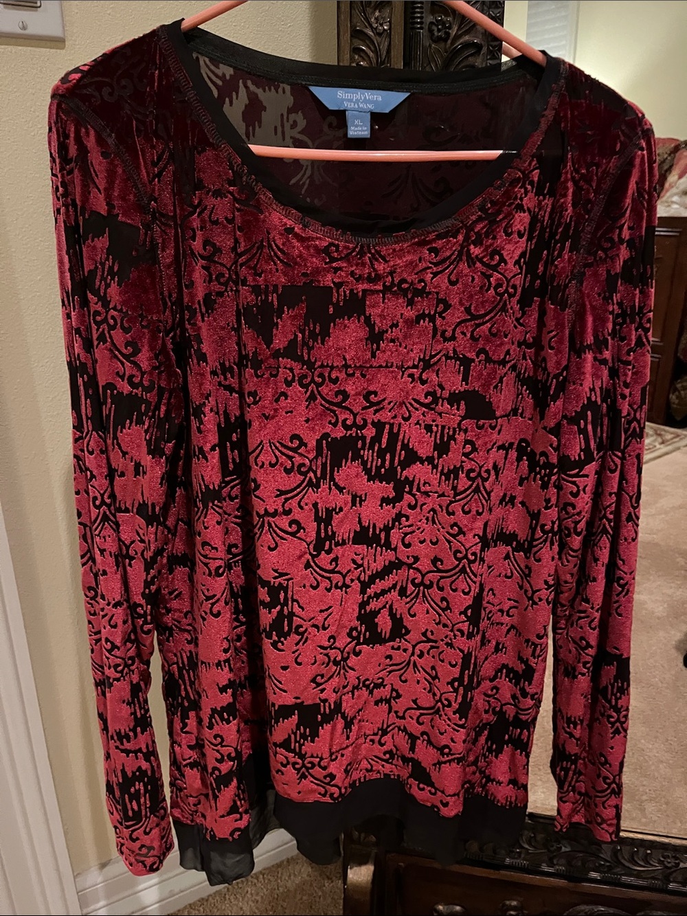 Simply Vera Vera Wang Burgundy & Black Velvet Burnout Long Sleeve blouse